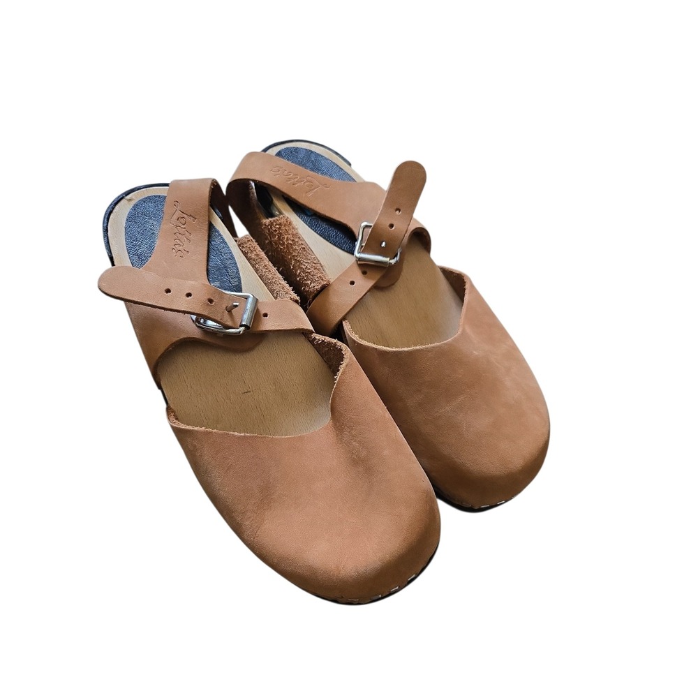 Lotta from Stockholm Tan Leather Swedish Clogs Women Buckle Strap Size 37